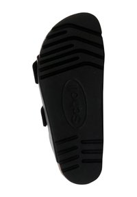 Suola di scarpa in gomma nera con un motivo di grip testurizzato e bordi arrotondati. Presenta un logo impresso al centro e linee di trazione pronunciate.