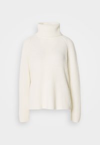 Biały sweter z dzianiny typu golf z prążkowaną strukturą, z rękawami typu raglan i luźnym krojem. Charakteryzuje się wysokim kołnierzem i miękkim materiałem.