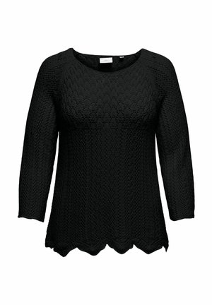 Maglione nero lavorato a maglia con orlo scalloppato, caratterizzato da una superficie texturizzata e decorata da un motivo, e un collo rotondo. Le maniche lunghe completano il design.