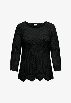 Pull en tricot noir avec un ourlet à volants, présentant une surface texturée et à motifs ainsi qu'un col rond. Des manches longues complètent le design.