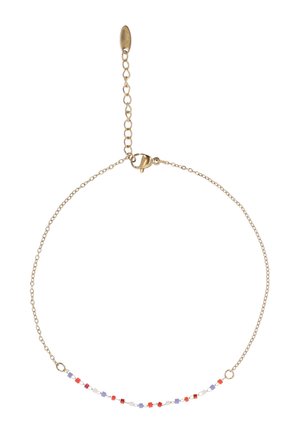 Colier delicat din lanț de aur cu mărgele mici pătrate în roșu, alb și violet deschis, aranjate de-a lungul secțiunii inferioare.