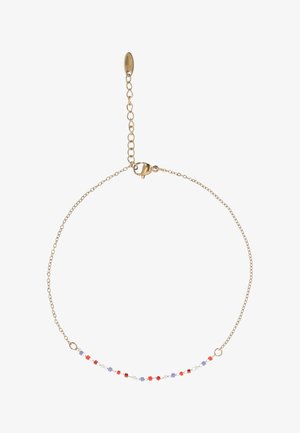 Delikat guldhalssmykke med små firkantede perler i rød, hvid og lys lilla arrangeret langs den nederste sektion.