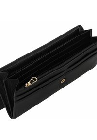 Zwarte leren portemonnee met een gestructureerde afwerking, voorzien van meerdere kaartsleuven, een ritssluiting voor munten en gouden accenten.