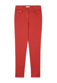 Czerwone dżinsy slim-fit wykonane z tkaniny bawełnianej, z klasycznym zapięciem na guzik i zamek błyskawiczny, pięcioma kieszeniami i przeszyciami.