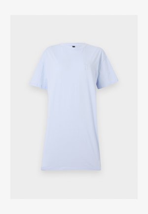 Light blue short-sleeve crew neck T-shirt with a small, subtle embroidered logo on the left chest.