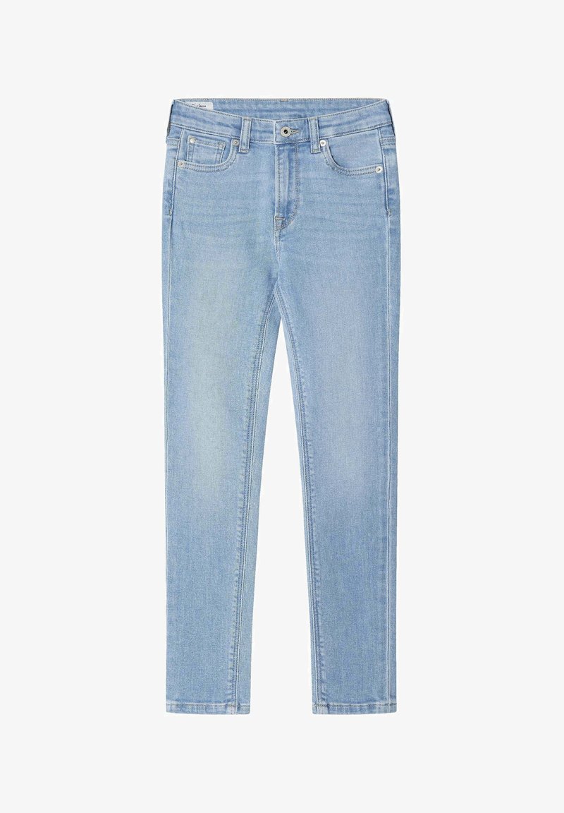 Ljust blår denimjeans med slim fit, femficksdesign och knappstängning. Har subtila blekningar och kontrasterande sömmar.