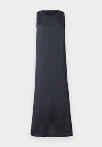 Rochie lungă fără mâneci dintr-un material de culoare bleumarin închis. Prezintă un guler rotund și o siluetă netedă, fluidă, fără modele sau accesorii vizibile.