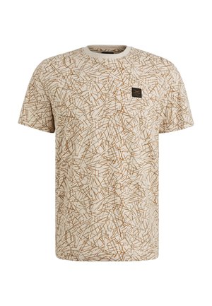 Beige katoenen t-shirt met een bruin abstract patroon, een ronde hals en een klein zwart merklabel op de linkerborst.