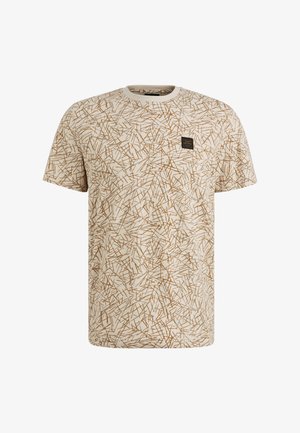 Beige katoenen t-shirt met een bruin abstract patroon, een ronde hals en een klein zwart merklabel op de linkerborst.