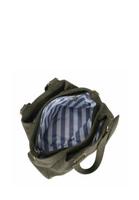Borsa in pelle verde oliva con chiusura a zip, accessori in tonalità oro e fodera in tessuto a righe blu e bianche. Interno spazioso con tasche.