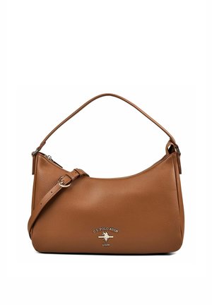 Braune Lederschultertasche mit verstellbarem Riemen und silbernem U.S. Polo Assn.-Logo vorne, Reißverschluss oben.