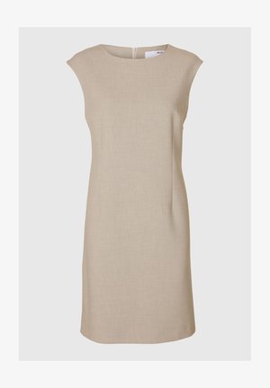 Šviesiai rudas, iki kelių ilgio suknelė su apvaliu iškirpimu ir trumpomis rankovėmis. Pagaminta iš tekstūrinio audinio, užsegama paslėptu užtrauktuku nugaros pusėje.