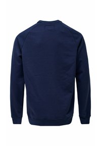 Sudadera azul marino con cuello redondo, mangas raglán y una textura suave. Presenta puños y dobladillo de canalé, con una pequeña etiqueta en el cuello.