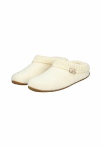 Pantofole in lana color crema con risvolto a coste, texture morbida e suola in gomma marrone per una buona aderenza. L'etichetta laterale riporta "Kitzbühel."