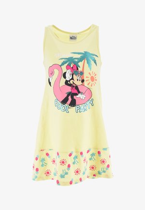 Vestido amarillo sin mangas que presenta un gráfico de un personaje sobre un flamenco rosa, con elementos tropicales y un dobladillo estampado con piñas y soles.