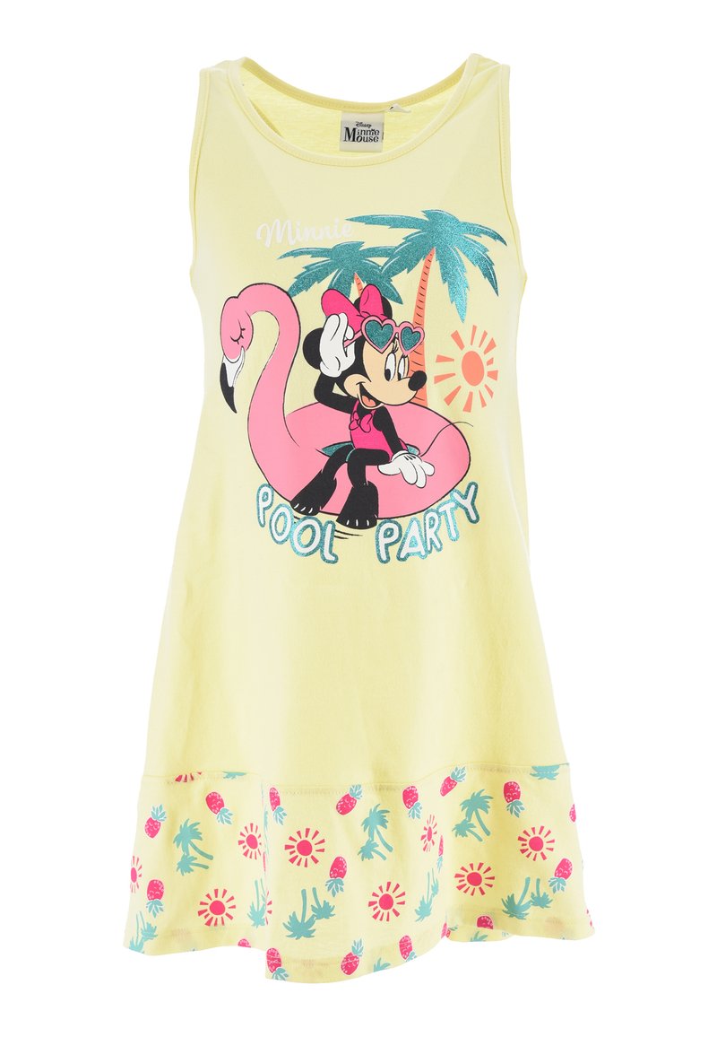 Gelbes ärmelloses Kleid mit einem Grafikmotiv eines Charakters auf einem rosa Flamingo, verziert mit tropischen Elementen und einem gemusterten Saum aus Ananas und Sonnen.