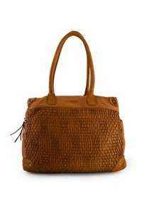 Sac en cuir tan avec une texture tissée à l'avant, anses doubles et accents en métal doré. Poche zippée sur le côté pour le rangement.