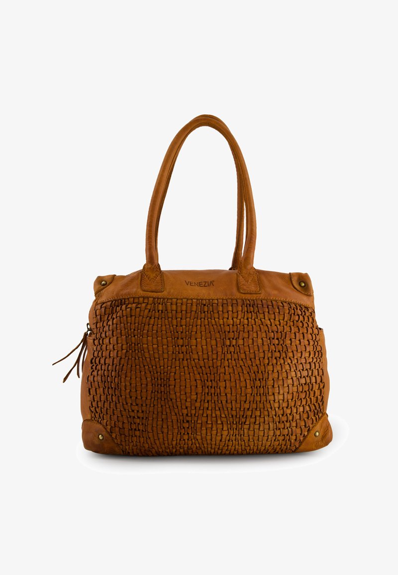Tan leather bag with woven texture on the front, dual handles, and gold-tone hardware accents. Zip pocket on the side for storage.