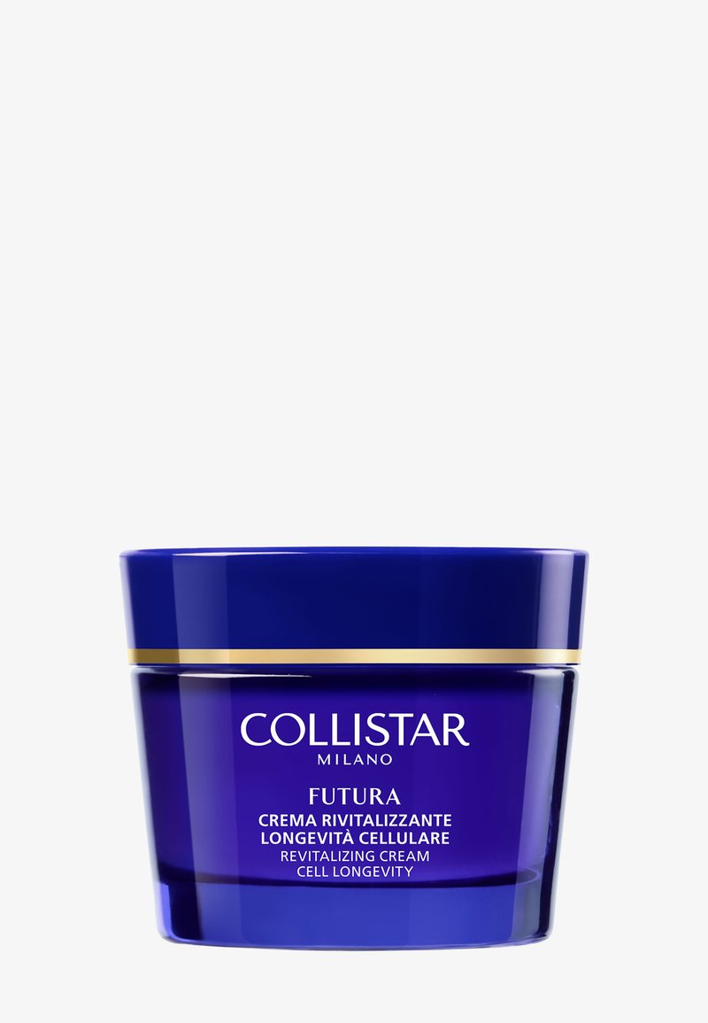 Tarro azul de crema revitalizante Collistar Milano Futura para la longevidad celular con borde dorado en la tapa sobre un fondo blanco.