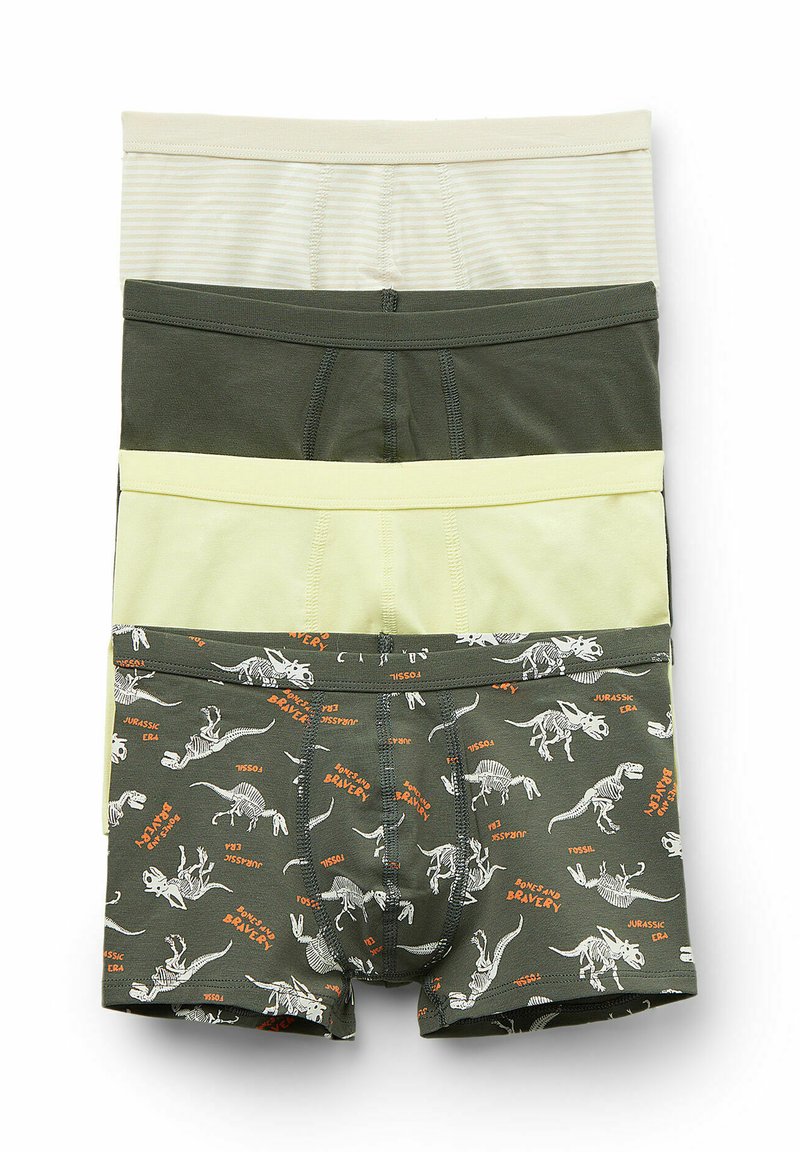 Vier Paare Jungen-Boxershorts: hell gestreift in Creme, dunkelgrün, hellgelb und dunkelgrün mit Dinosaurier-Skelettdruck in Orange und Weiß.