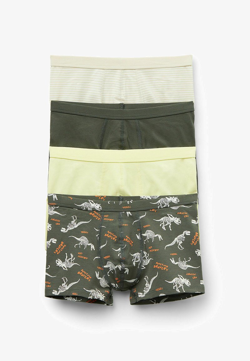 Čtyři páry chlapeckých boxerky: světle pruhované krémové, tmavě zelené, světle žluté a tmavě zelené s potiskem dinosaurích kostí v oranžové a bílé.