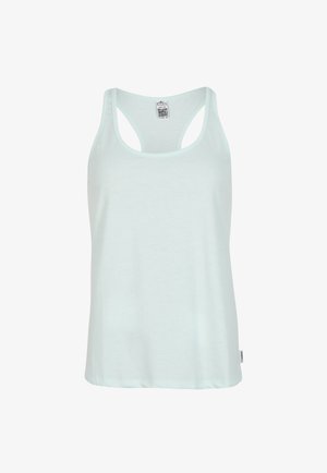 Light mint green tank top made of soft fabric. Features a rounded neckline and wide racerback design. Label located on the hem.