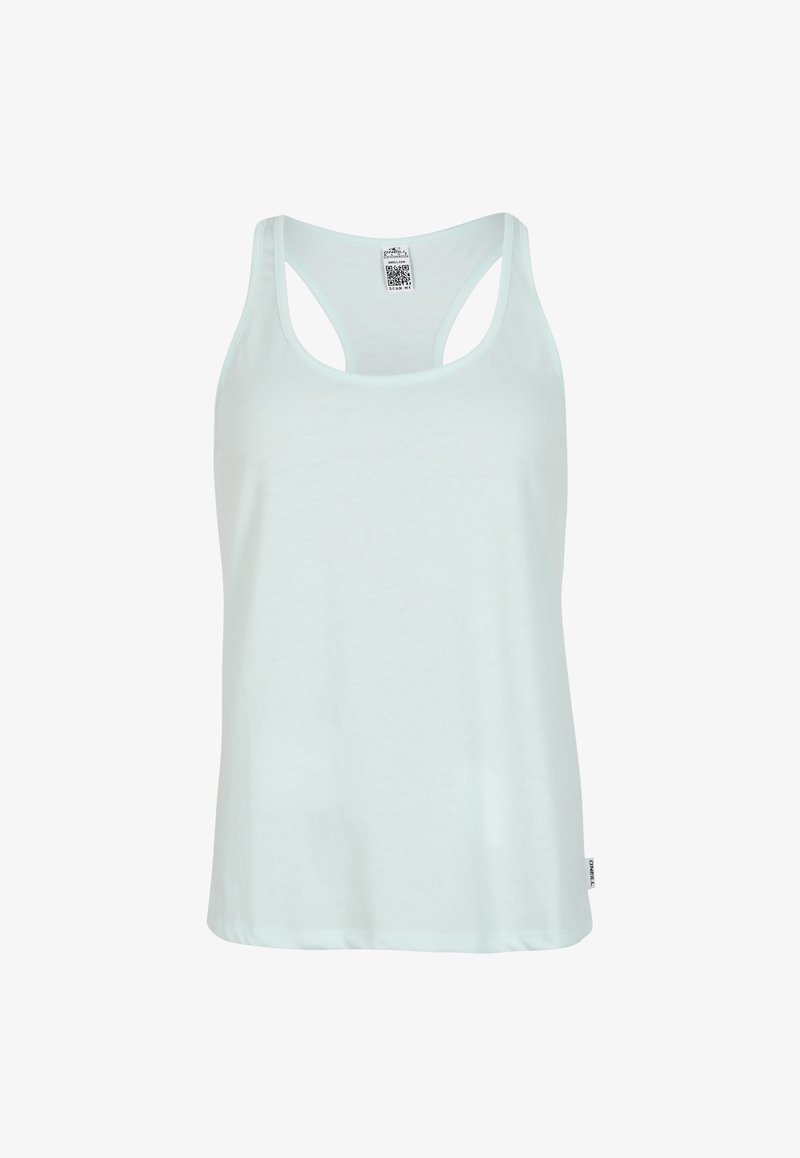 Gaiši piparmētru zaļa bez piedurknēm topa bluze, kas izgatavota no mīksta auduma. Iezīmēta ar noapaļotu kakla izgriezumu un plašu rāciju aizmugurē. Etiķete atrodas pie apakšmalas.