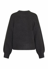 Mørkegrå langærmet sweater med ribbet manchetter og kant, med en let løs pasform og en simpel rund halsudskæring.