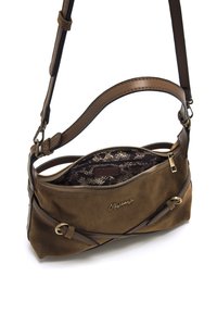 Braune Wildleder-Crossbody-Tasche mit flachem Design, ausgestattet mit einem Reißverschluss und einem blumigen Futter. Verstellbarer Ledertragegurt mit Hardware-Akzenten.