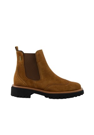 Braune Wildleder Chelsea Boots mit elastischen Seitenpaneelen, kontrastierenden Nähten und einer robusten schwarzen Gummisohle.