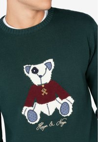 Jersey de punto verde con un diseño de oso de peluche que lleva una camisa burdeos, acentos azules en las patas y texto bordado "Harper & Neyer."