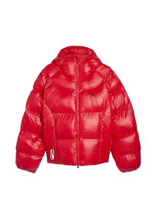 Red puffer jacket with a shiny finish, hood, cropped design, elastic cuffs, and front zipper. Features a small black logo on the chest.