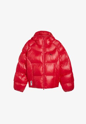 Red puffer jacket with a shiny finish, hood, cropped design, elastic cuffs, and front zipper. Features a small black logo on the chest.