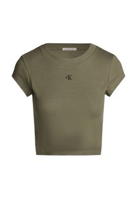 Olivově zelený žebrovaný crop top s krátkými rukávy a kulatým výstřihem, s černým vyšitým logem na hrudi.