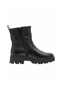 Stivali ankle neri realizzati in pelle liscia, dotati di una cerniera laterale, cinturino regolabile e suola testurizzata robusta con battistrada pronunciato.