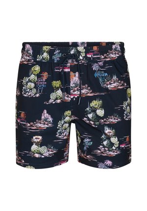 Heren marineblauwe zwemshorts met woestijnlandschap-print met cactussen, rotsen, klassieke auto's en motelborden, elastische taille met zwarte trekkoord.
