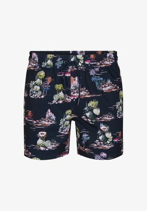 Heren marineblauwe zwemshorts met woestijnlandschap-print met cactussen, rotsen, klassieke auto's en motelborden, elastische taille met zwarte trekkoord.