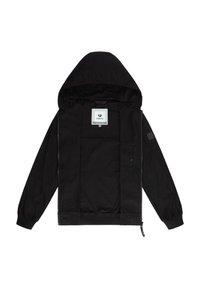 Svart huva jacka med långa ärmar, dragkedjestängning och en innerficka. Den har elastiska ärmslut och en textil etikett på insidan.