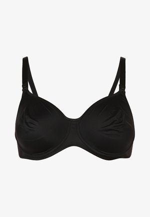 Sostenedor negro con aros de metal, fabricado en tejido suave, con copas sin costuras, tirantes ajustables y un diseño clásico. Detalles minimalistas que realzan la funcionalidad.