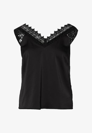 Sort ærmeløs top med V-hals og dekorativ sort blondekant langs halsudskæringen og ærmerne. Blødt stof med en glat tekstur.