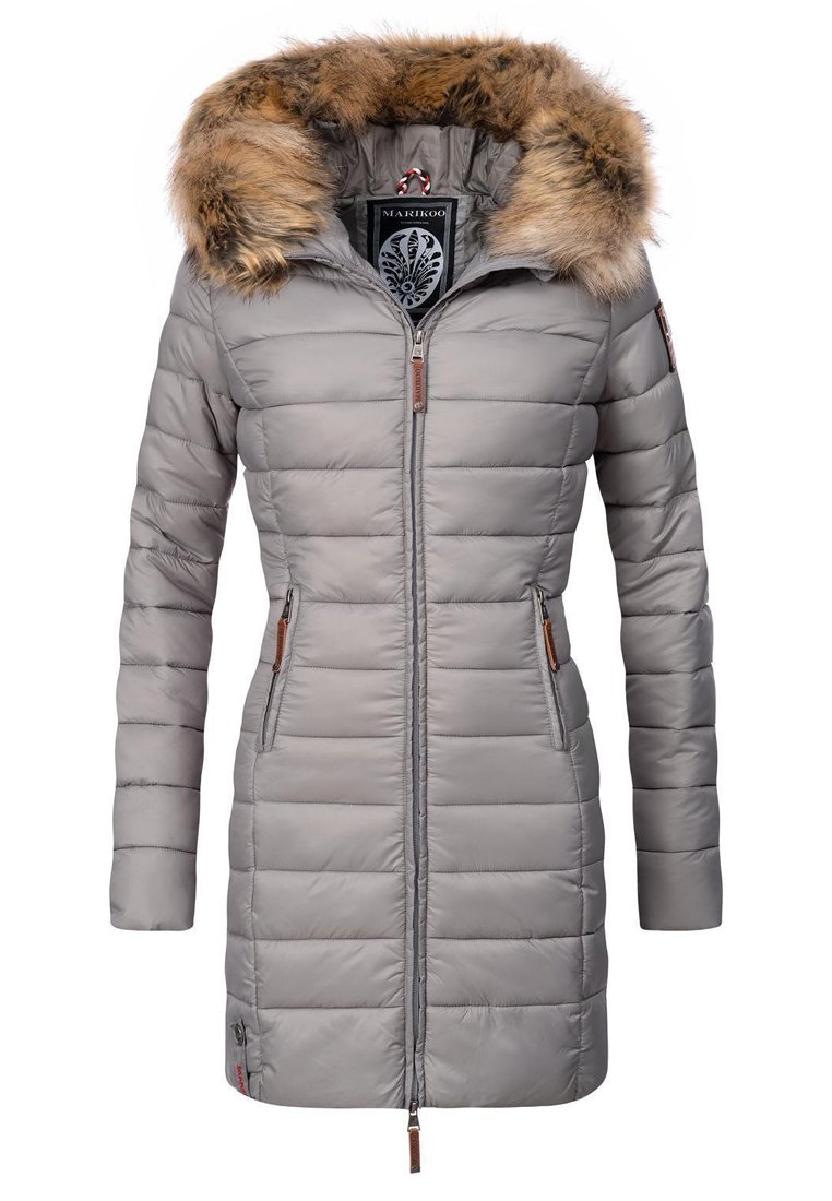 Light gray puffer jacket with a zip front, elongated design, and faux fur hood. Features side pockets and horizontal stitching for insulation.