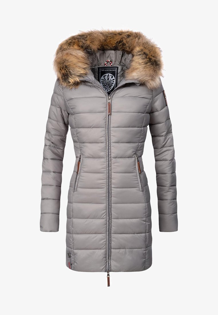 Light gray puffer jacket with a zip front, elongated design, and faux fur hood. Features side pockets and horizontal stitching for insulation.