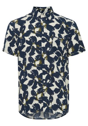 Chemise à manches courtes en coton avec un motif floral bleu marine, blanc et olive, présentant un col boutonné et une poche poitrine.
