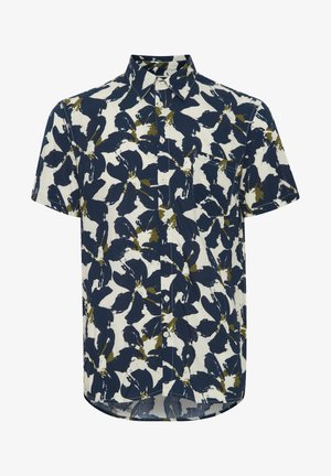 Chemise à manches courtes en coton avec un motif floral bleu marine, blanc et olive, présentant un col boutonné et une poche poitrine.