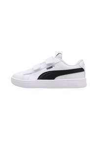 Sneaker bianchi con dettagli neri, dotati di una tomaia sintetica liscia, strap regolabili con velcro e suola in gomma texturizzata.