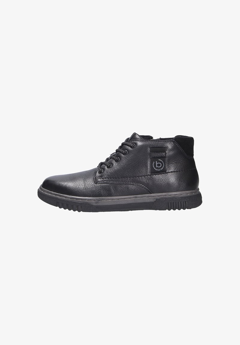 Black leather ankle boots with a smooth finish, round toe, and lace-up front. Rubber sole with ridged accents. Side logo detail.