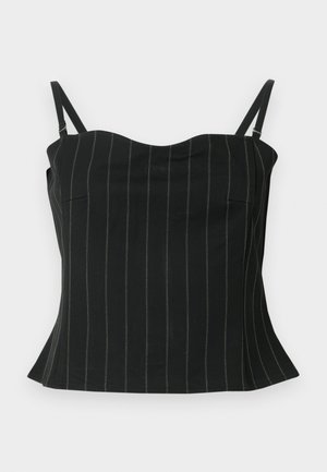 Melnā topiņa bez piedurknēm ar plānām vertikālām svītrām, ar spageti tipa siksniņām, sirds formas kakla izgriezumu un izplestu apakšmalu.