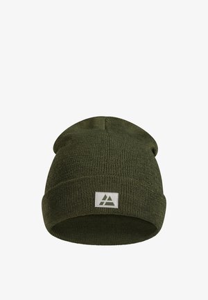 Knit beanie in dark green, featuring a folded cuff and a rectangular patch with a graphic design in white. Soft texture, close-fitting design.