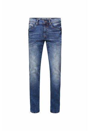 Donkerblauwe denim jeans met lichte vervaging, vijf-pocket ontwerp, metalen knoopsluiting en een merkband in de taille, met een recht model.