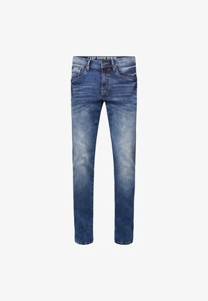 Jeans in denim di colore blu scuro con leggera scoloritura, design a cinque tasche, chiusura con bottoni metallici e vita con marchio, vestibilità dritta.